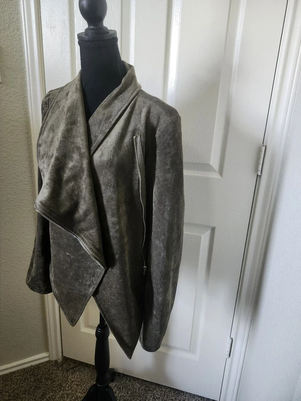 Lulu's Taupe Gray Suede-Look Asymmetrical Draped Jacket